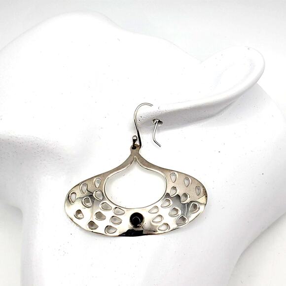 Taxco 925 Sterling Earrings Silver Black Onyx Artisan Drop Chandelier Nouveau - Picture 2 of 12